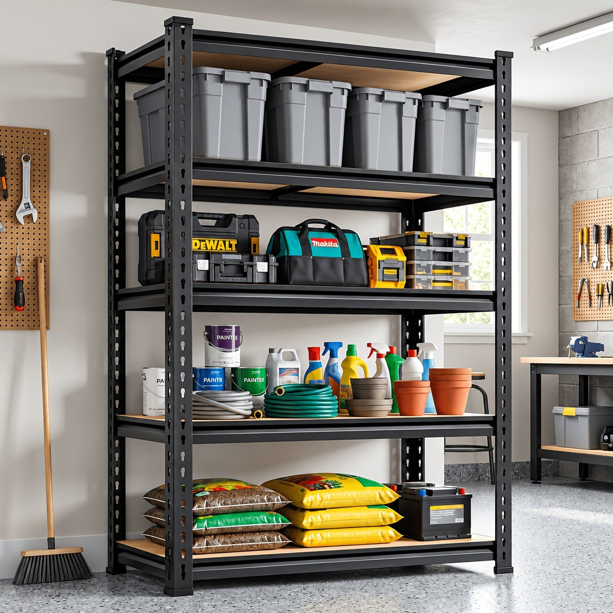 Garage Shelving Rack with Listed 72-Inch Height and Five Adjustable Metal Tiers for Household Supply Storage, Pantry Organization, Craft Rooms and Basements