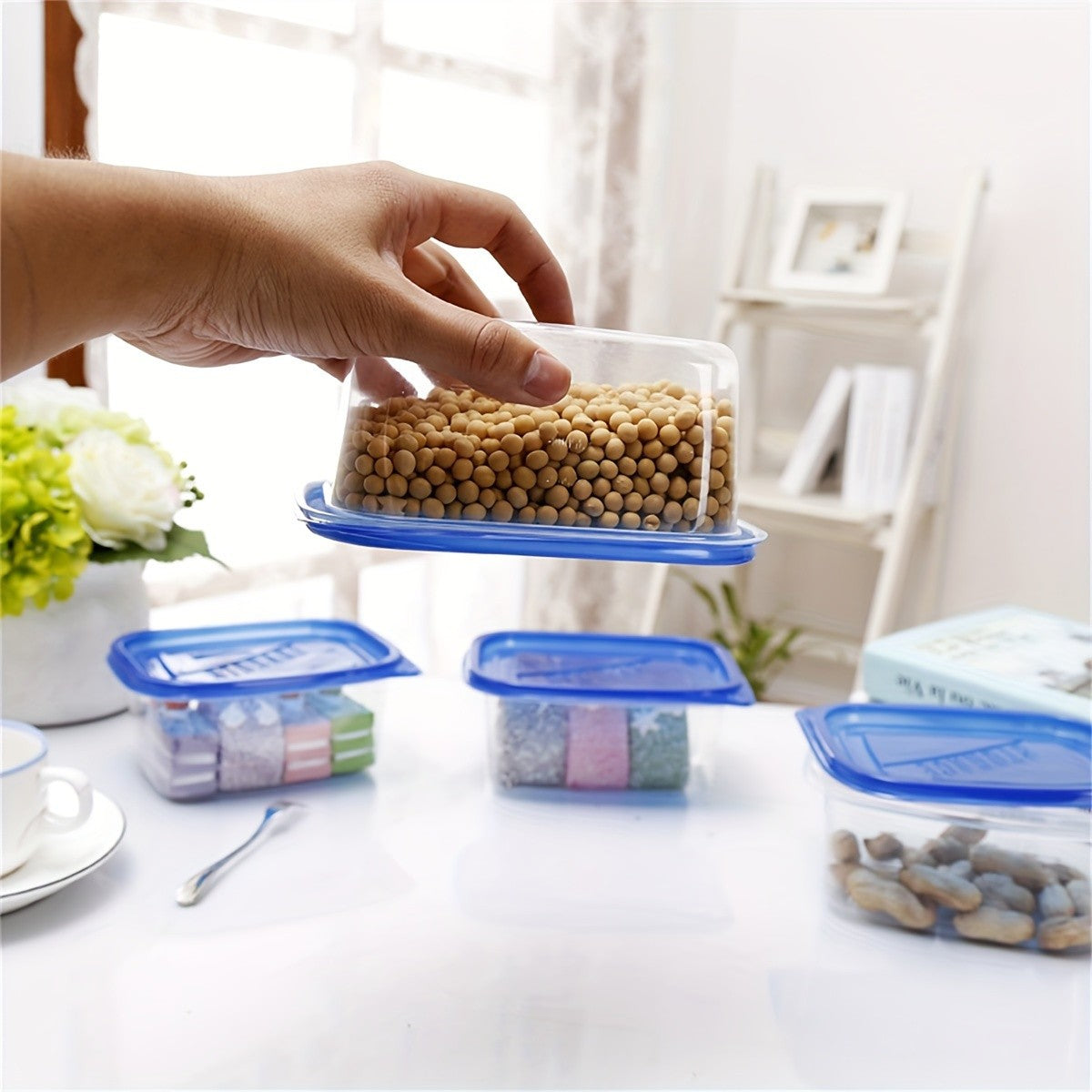 Transparent Plastic Food Storage Set with Random Lid Colors, Listed Six-Piece Reusable Stackable Kitchen Containers for Rice, Grains, Fruit and Vegetables