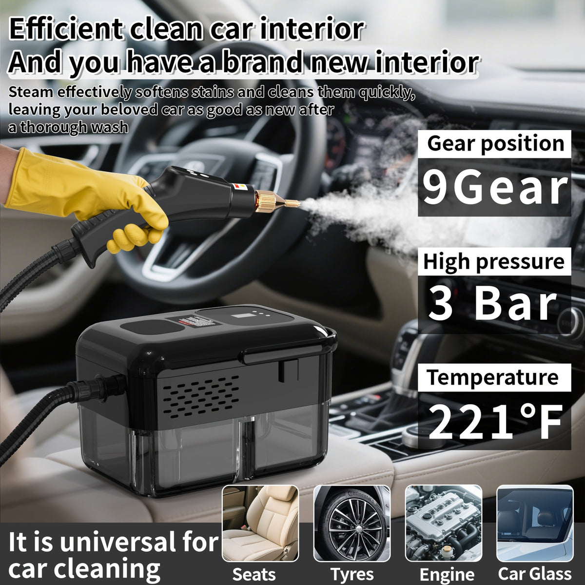Adjustable Steam Cleaner for Home, Handheld Cleaning Machine with Listed 2500W Power, 40.58oz Tank, Nine Settings and LCD Display for Compatible Kitchen and Tile Surfaces
