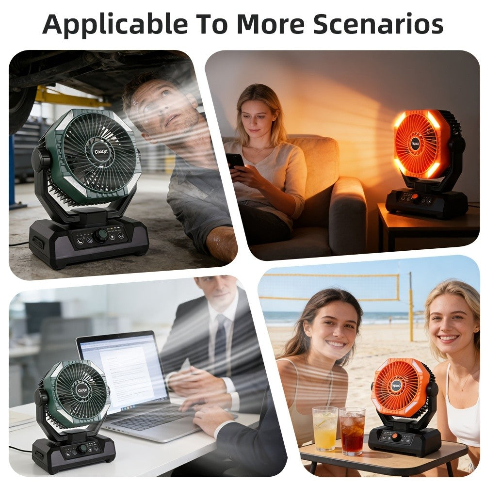 CoolJet Portable Camping Fan with Listed 20000mAh Battery, Variable Speed and 18-LED Light with Three Dimming Levels, Fern Green or Orange Airflow Options