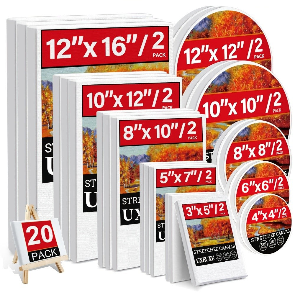 Stretched Canvas Painting Set, White Primed 100% Cotton Art Canvases with Round and Rectangular Pack Options for Acrylic Pouring and Oil Painting