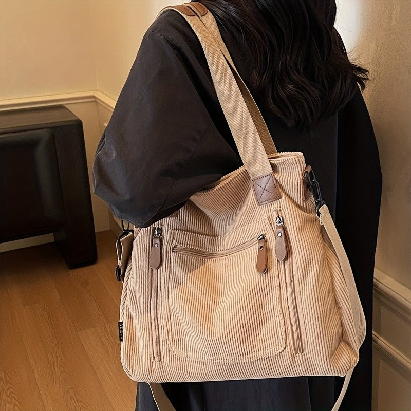 Retro Workwear Corduroy Handbag with Multiple Pockets, Women's Adjustable-Strap Shoulder and Crossbody Bag in Black, Grey or Green for Daily Commuting