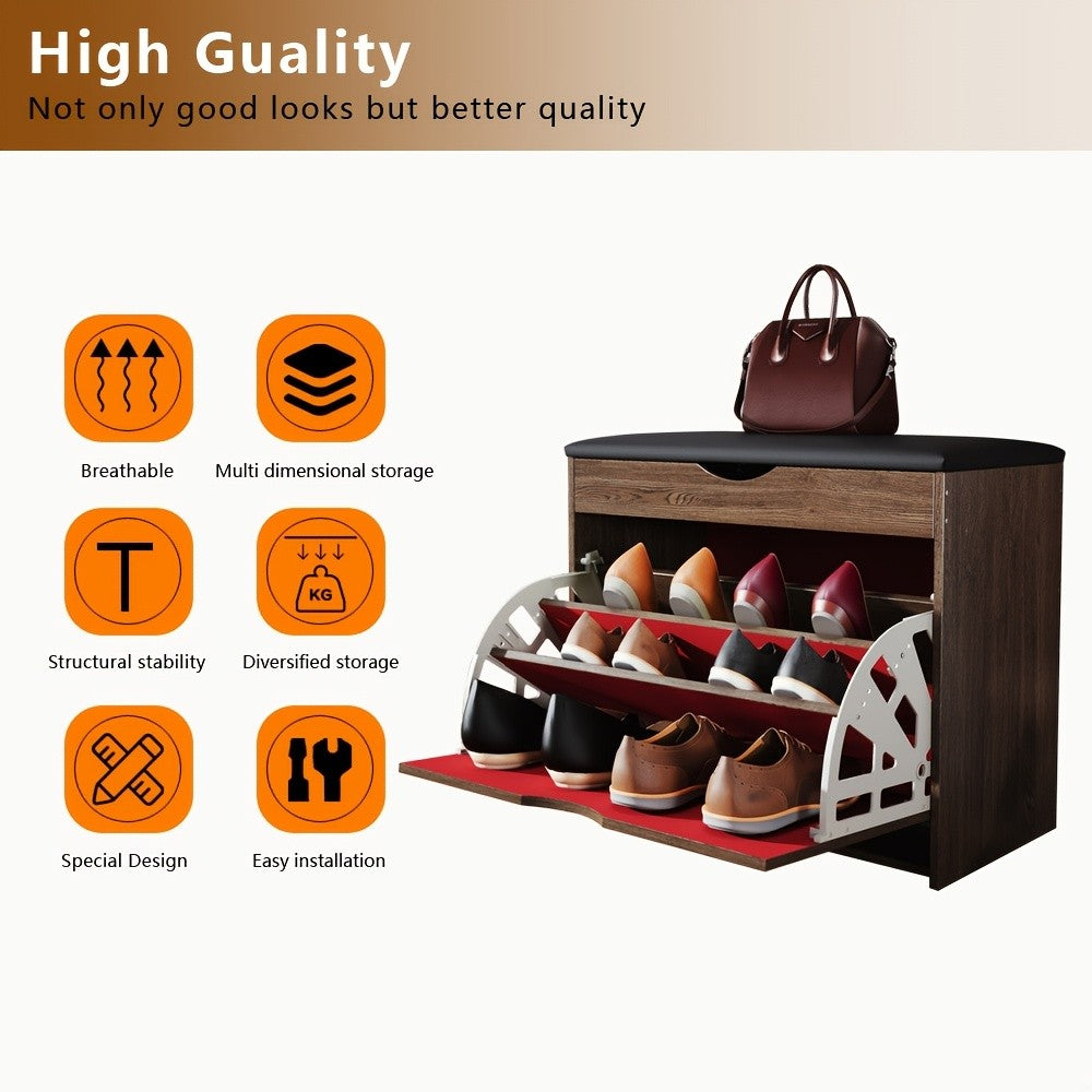 Cushioned Shoe Storage Cabinet with Three Listed Layers and Soft Padded Top, Brown or Gray Options for Entryway, Bedroom and Hallway Footwear Organization