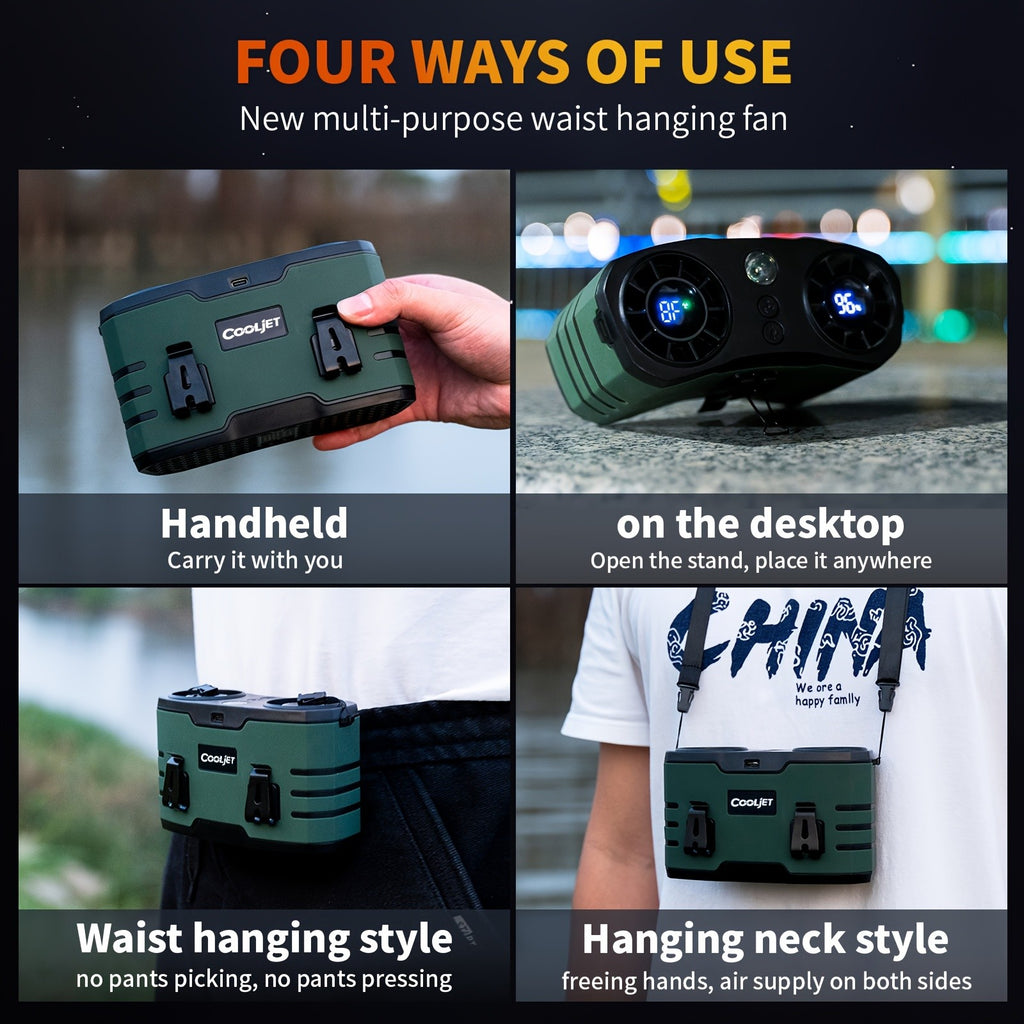 Wearable Waist Fan with Dual Air Ducts, 20000mAh Battery and 10 Speeds, USB-C Rechargeable HY-8022 with LED Light and Display for Camping, Fishing and Desk Use