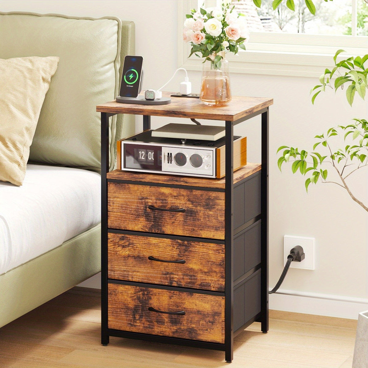 Three-Drawer Fabric Nightstand by WHONLINE with Metal Frame, Open Wood Shelves and Adjustable Feet, Single or Two-Piece Options for Bedroom and Dorm Storage