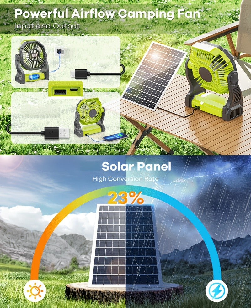 Solar Charging Camping Fan with Listed USB Battery Power and Hanging Hook, X98 Green or Black and X23 Pink, Green or Black Model Options for Picnic and Campsite Airflow