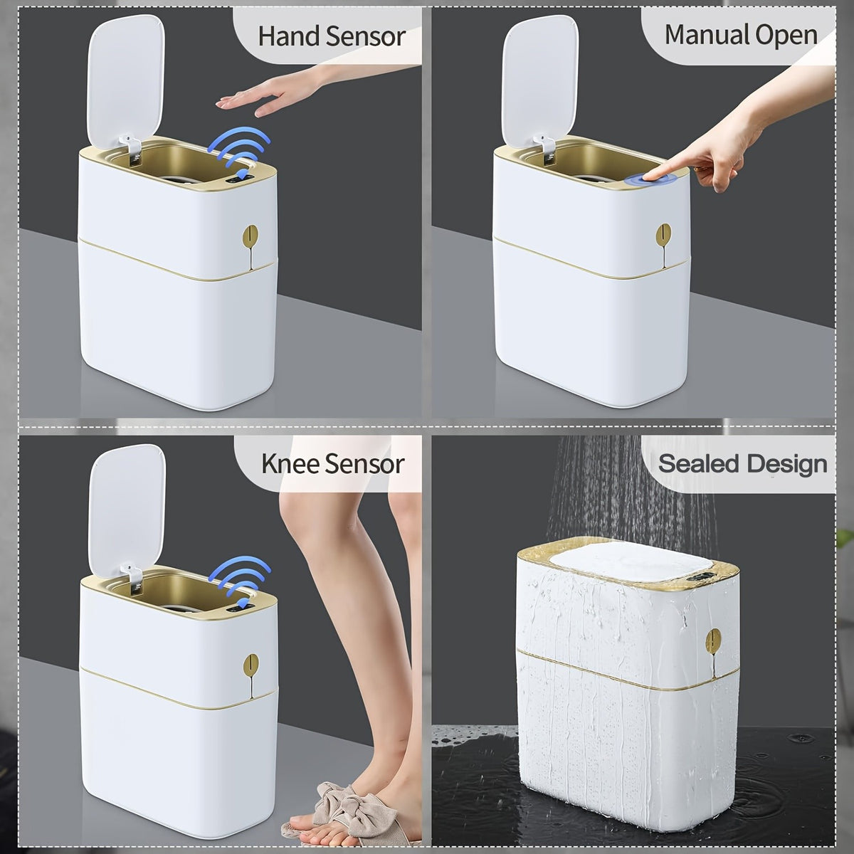 Golden-Accent Sensor Trash Bin with Listed 4-Gallon Capacity and Automatic Lid, One- or Two-Piece Options for Bathroom, Bedroom and Office Waste Storage, Batteries Excluded