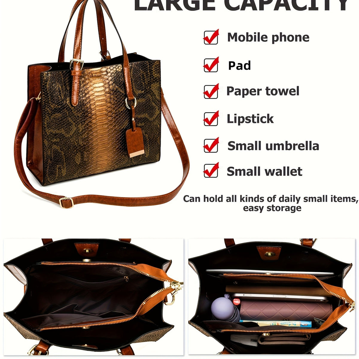 Crocodile-Pattern Handbag Set for Women with Listed Three-Piece Satchel and Tote Styling, Six Color Options for Everyday Outfits, Office and Casual Occasions