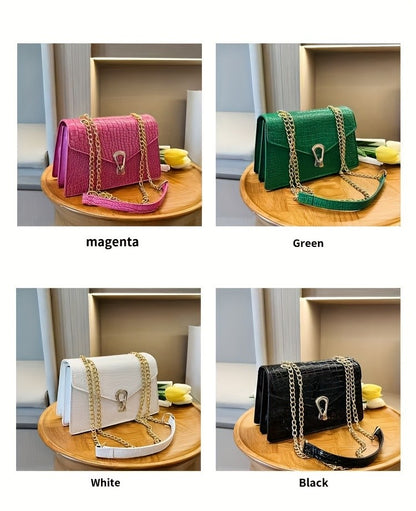 Reptile-Pattern Crossbody Bag for Women with Chain Strap Styling and Gold-Tone Hardware, White, Green or Rose Red Shoulder Purse for Casual and Evening Outfits