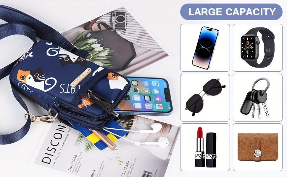Adjustable Strap Crossbody Bag with Zipper Pockets, Blue Cat, Dark Blue, Pink or Blue Options for Everyday Essentials, Casual Errands and Travel Organization