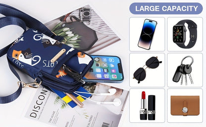 Adjustable Strap Crossbody Bag with Zipper Pockets, Blue Cat, Dark Blue, Pink or Blue Options for Everyday Essentials, Casual Errands and Travel Organization