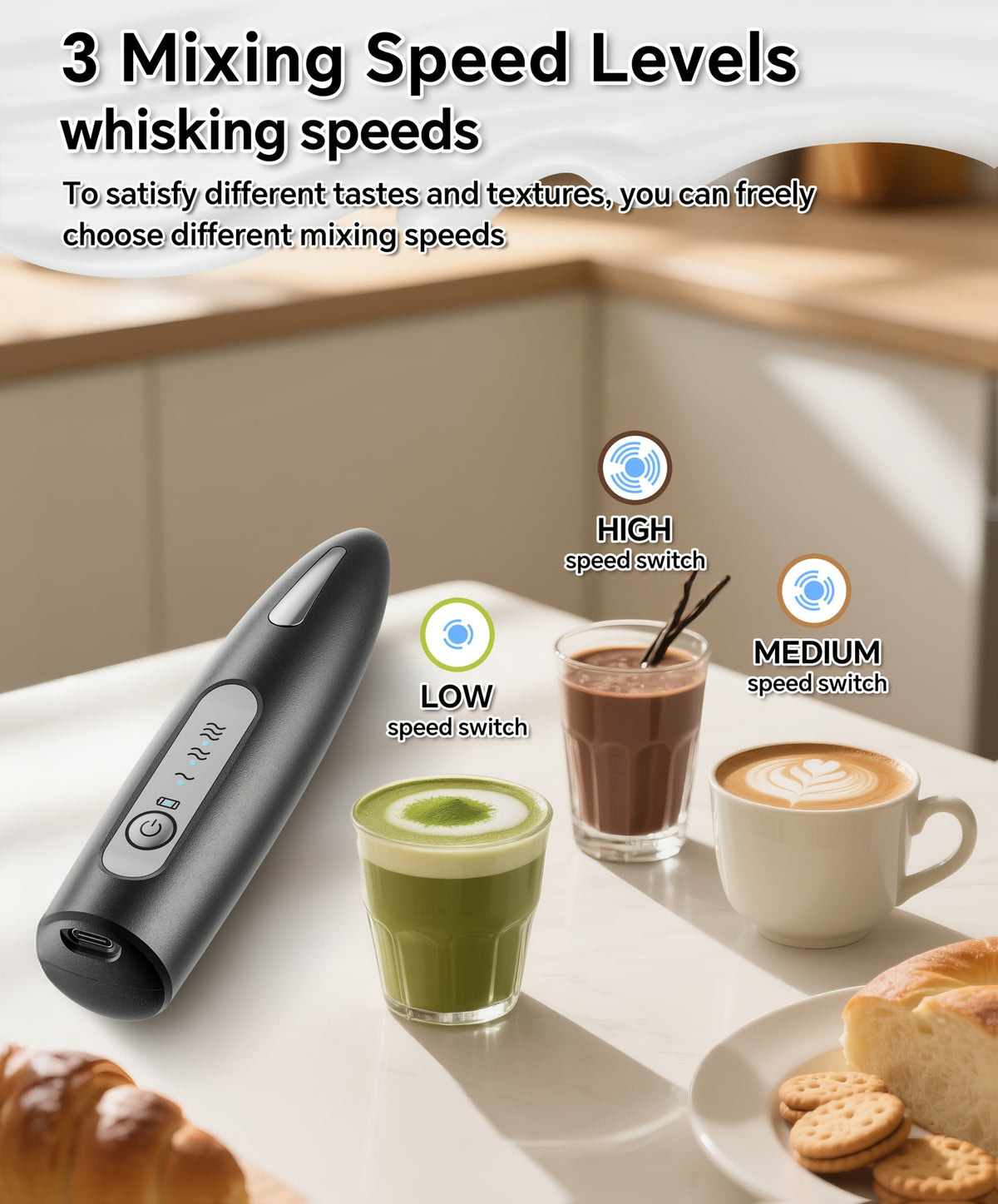Electric Milk Frother with Three Speeds and USB Rechargeable Design, Four Color Labels with Foam Head or Egg and Frother Head Options for Home Coffee Preparation