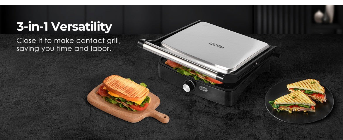 Temperature Control Panini Press Grill by OSTBA, 1200W Sandwich Maker with Nonstick Plates, 180-Degree Opening and Removable Drip Tray for Indoor Cooking