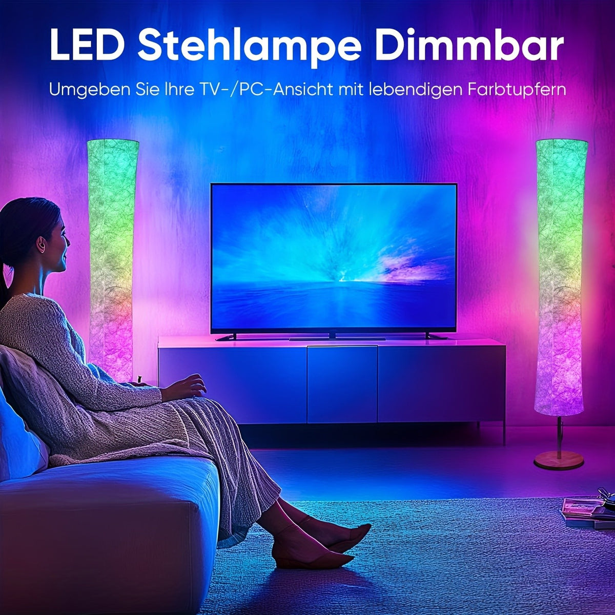 Smart LED Floor Lamp with White Fabric Shade, Music Sync, Color Scene Modes and App or Remote Control, 1pc or 2pcs for Living Rooms and Gaming Spaces