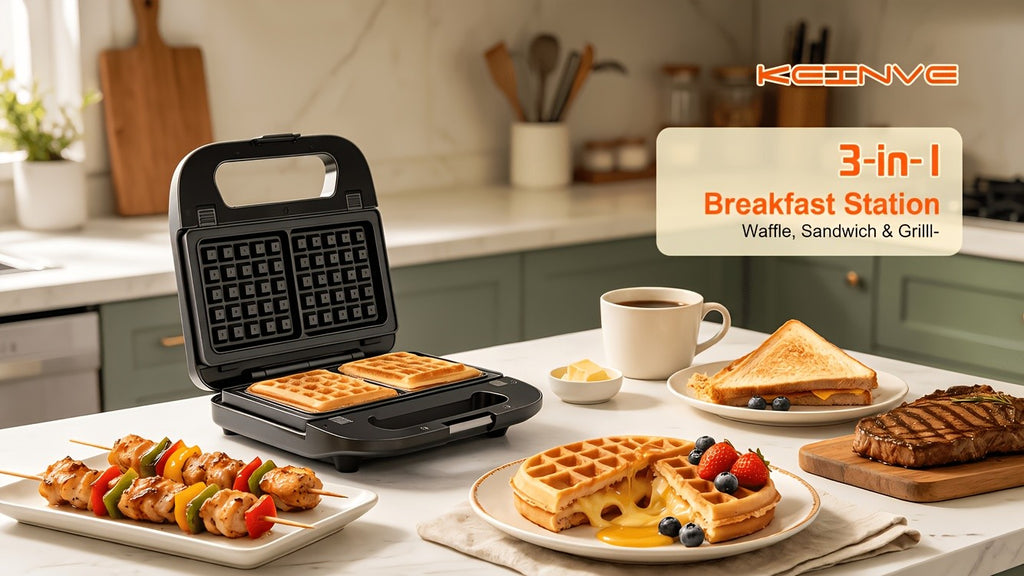 Three-in-One Sandwich and Waffle Maker with Listed 750W Power and Removable Nonstick Plates, Teal and Three-Plate Option Labels for Home Kitchen Meal Preparation