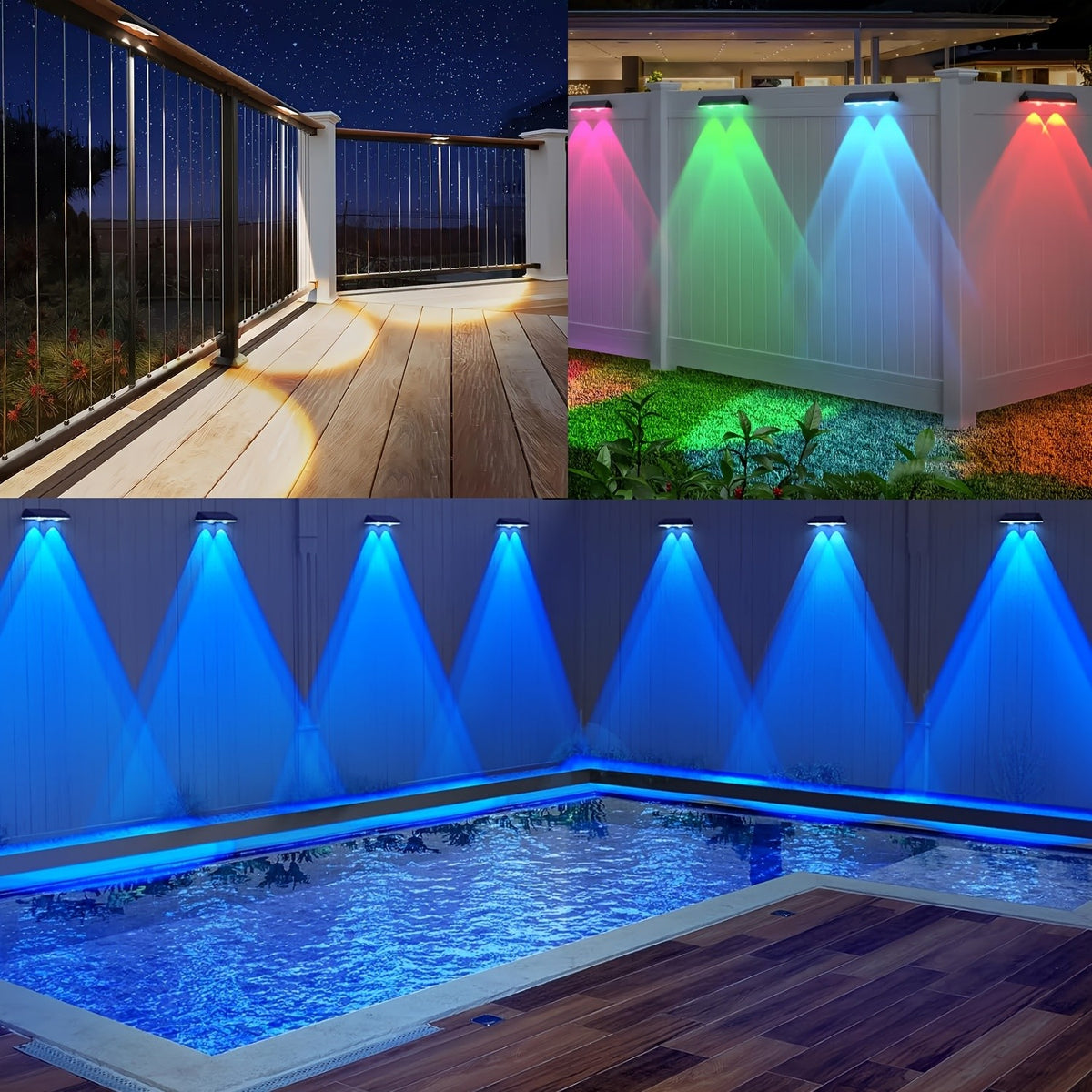 Multicolor Solar Fence Lights with Nine Listed Modes and Lens-Focused LEDs, Outdoor Wall and Patio Decorative Lighting in Packs of 4, 6, 8 or 10