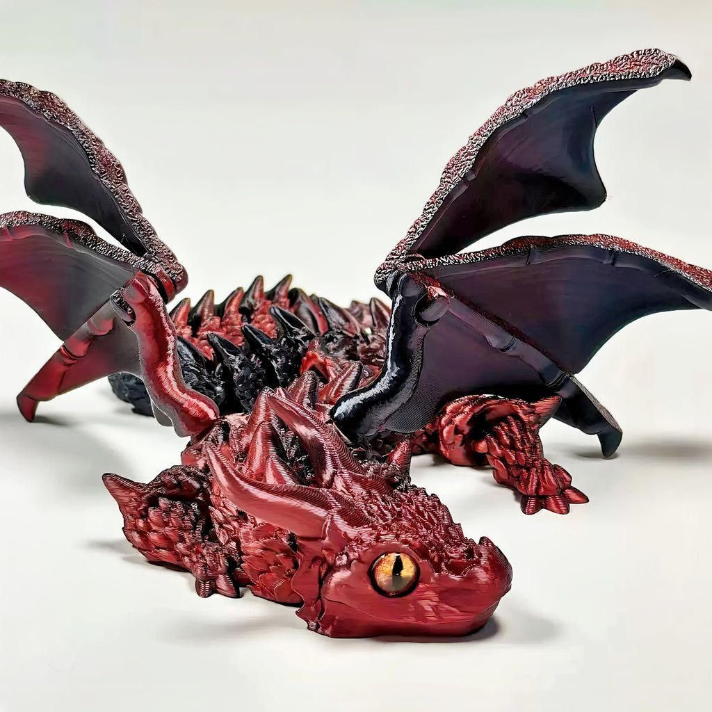 3D Printed Dragon Figurine with Articulated Two-Horned Fantasy Design, Six Color Combinations and Random Eye Details for Gothic Shelf, Desk and Room Decor