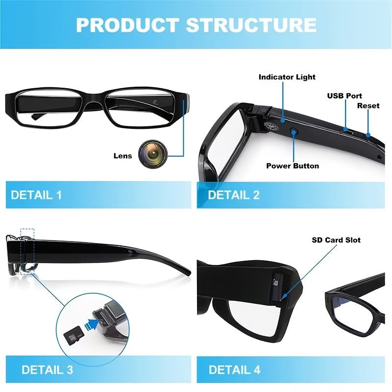 Video Camera Glasses with Listed 1080P Recording, TF Card Slot and USB Connection, 13B Model Options with a Separate 32G TF-Labeled Package