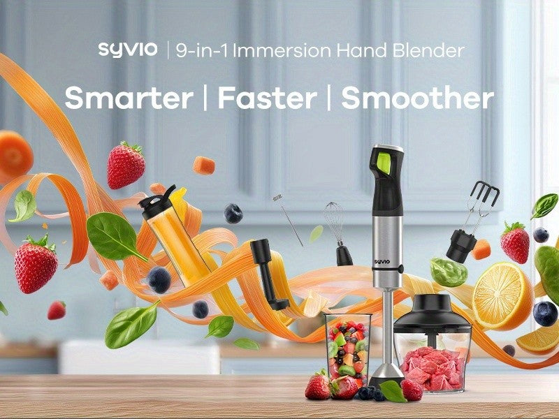 Syvio Immersion Blender 1200W, Heavy Duty 9-in-1 Hand Blender with Screen Time Display and Variable Speed Trigger, Includes Chopper, Whisk, Frother and Beaker for Soup, Puree, Smoothies, Baby Food