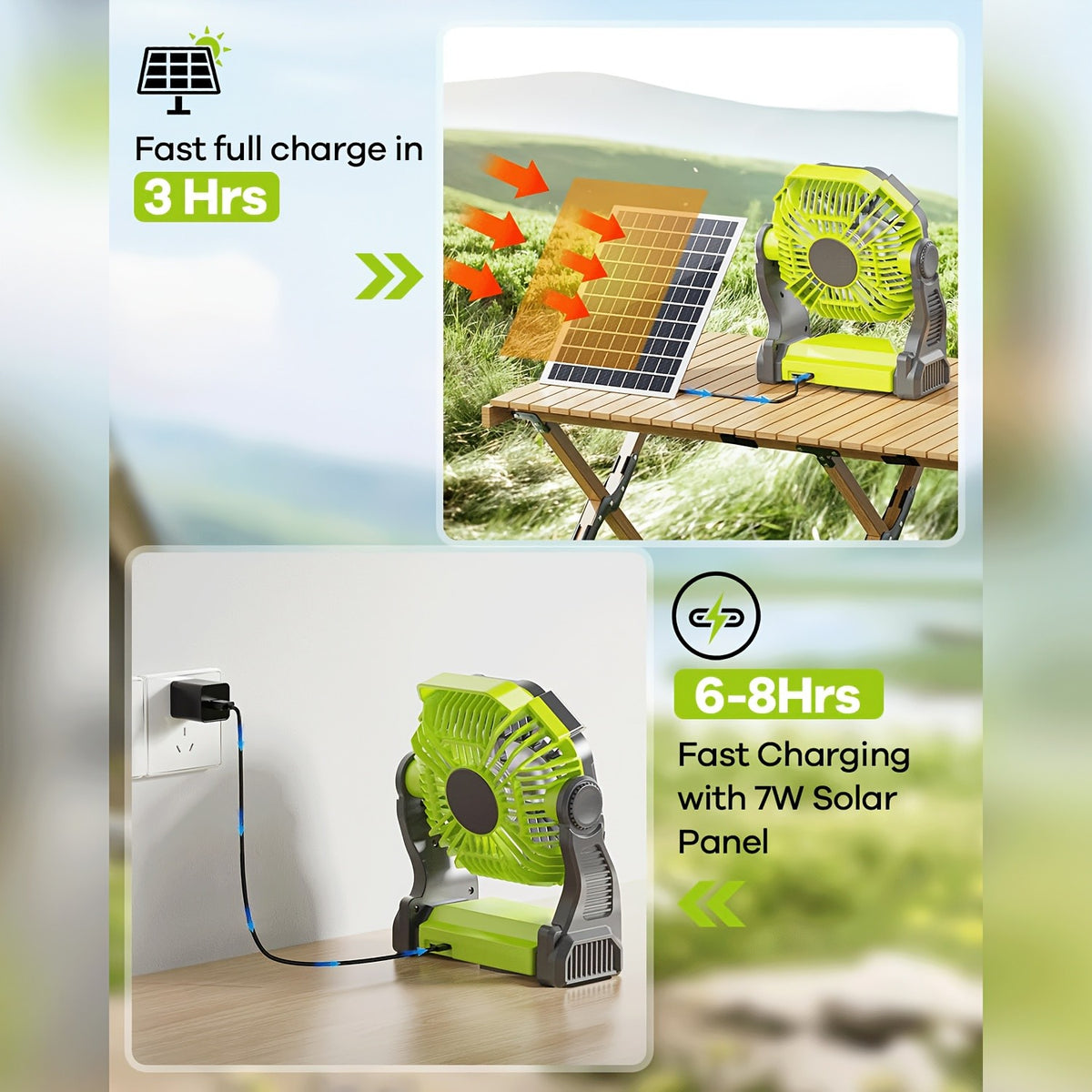 Solar Charging Camping Fan with Listed USB Battery Power and Hanging Hook, X98 Green or Black and X23 Pink, Green or Black Model Options for Picnic and Campsite Airflow