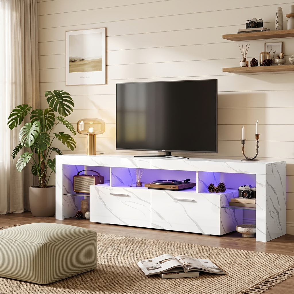 White LED TV Stand with Cabinet Storage and Glass Shelves, Modern Media Console for Living Room and Game Room in 130, 167 or 180 cm Model Options