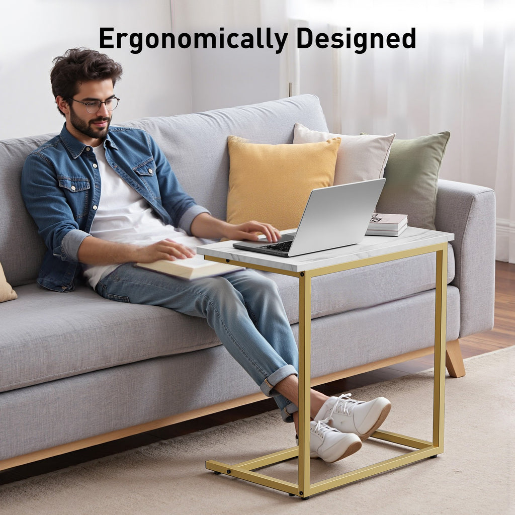 C-Shaped Sofa Side Table with Metal Frame, Marble-Pattern, Gray or Brown Options for Living Room Seating, Bedroom Essentials and Home Office Surface Space