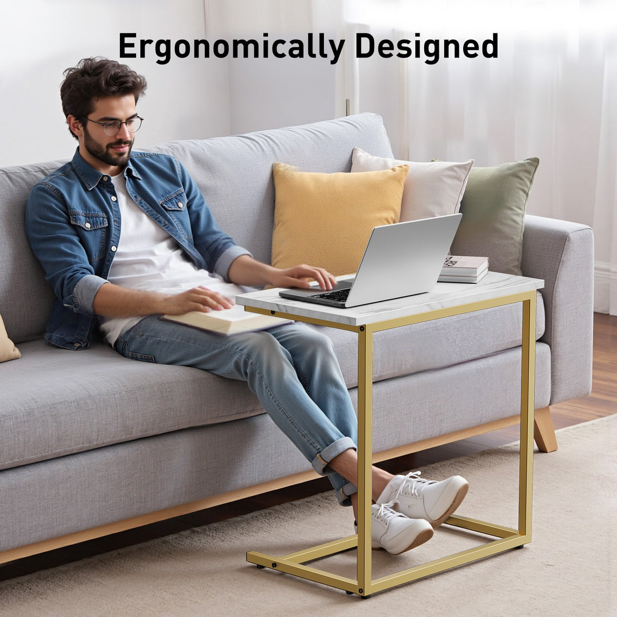C-Shaped Sofa Side Table with Metal Frame, Marble-Pattern, Gray or Brown Options for Living Room Seating, Bedroom Essentials and Home Office Surface Space