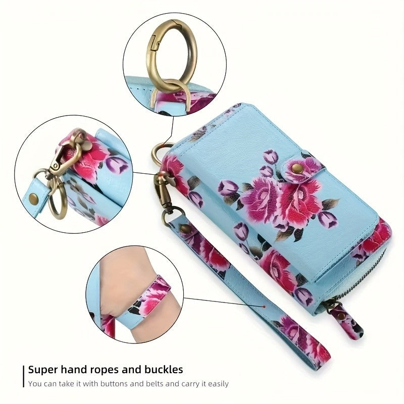 Floral Clutch Wallet for Women with Listed Zipper, Card and Coin Storage, Bow Accessory Reference and Selected Shoulder Strap Styles in Multiple Color Options