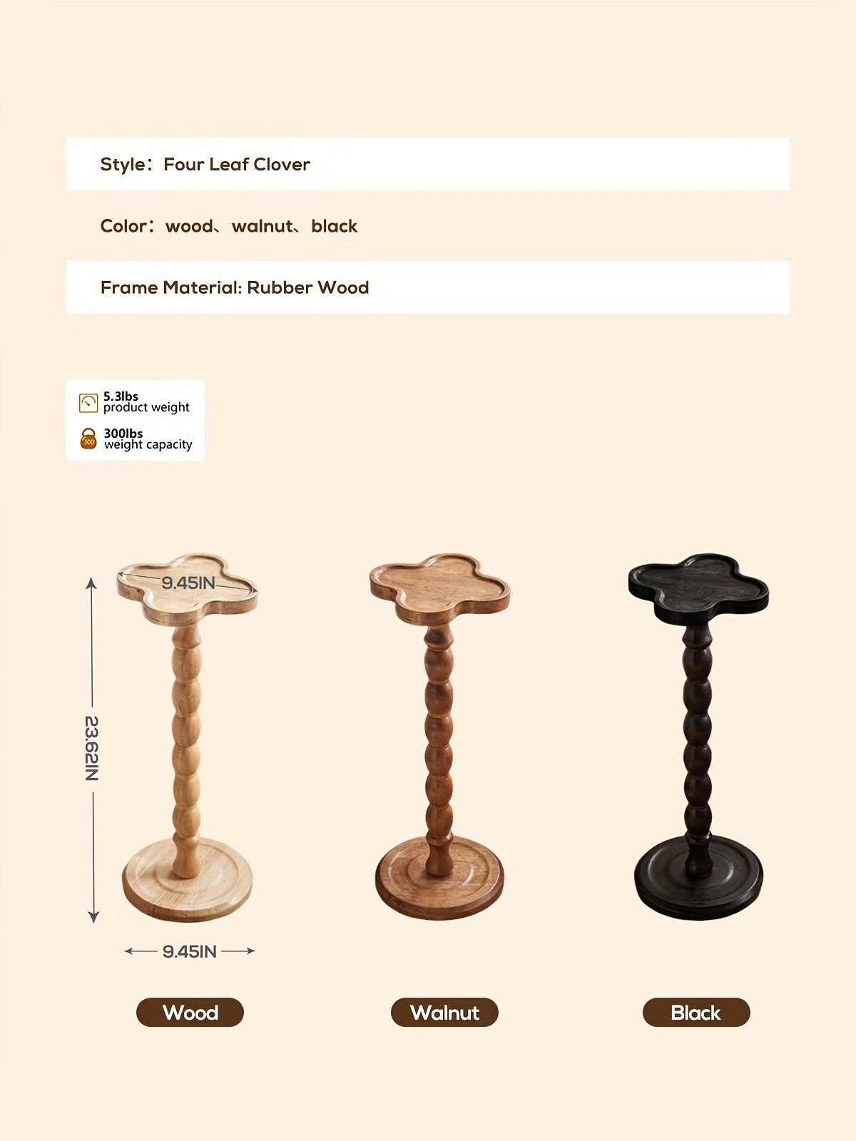 Pedestal Side Table with Heart, Clover, Gourd, Butterfly or Round Style Options, Wood, Walnut or Black Color Choices for Living Room and Bedroom Accents