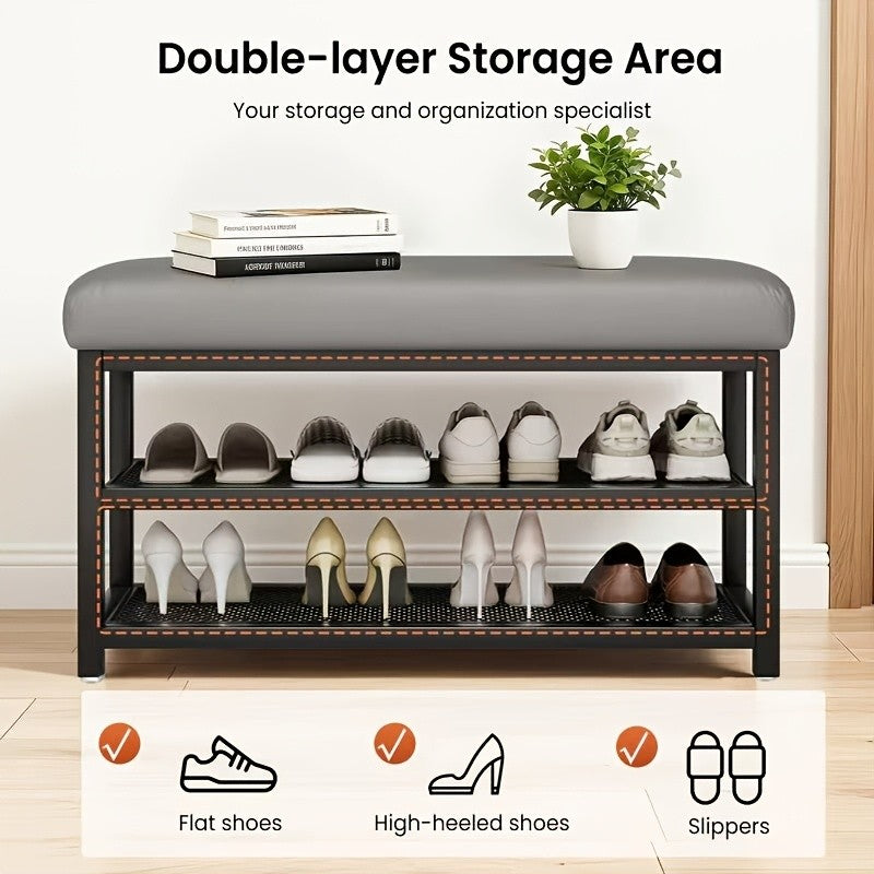 Cushioned Shoe Storage Stool with Metal Frame and Shoe Rack for Entryway, Hallway and Bedroom Organization, Orange or Gray in Large and Small Options