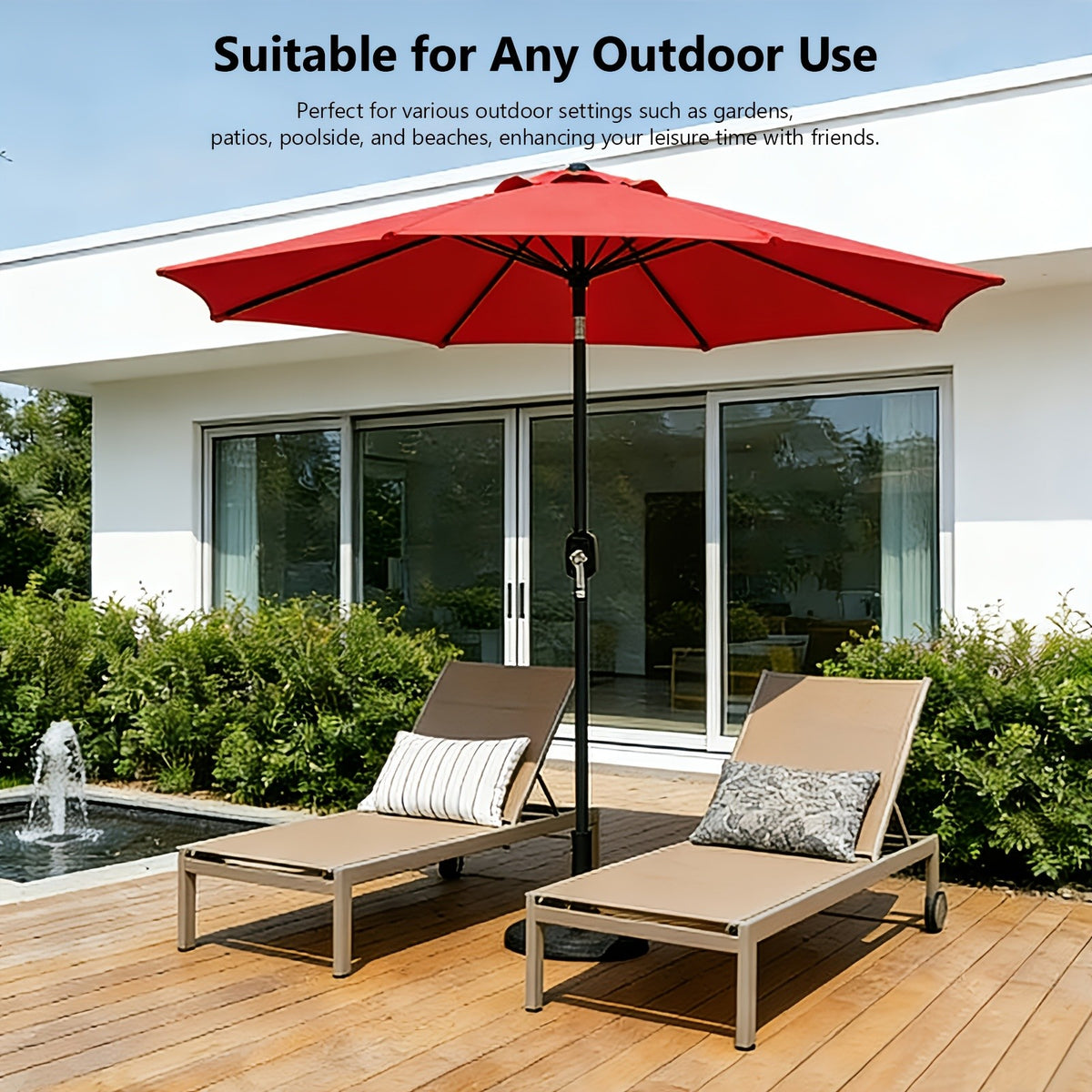 9ft Market Patio Umbrella with Six Ribs, Outdoor Sun Shade in Red, Khaki or Yellow for Garden Seating, Balcony, Deck and Poolside Relaxation