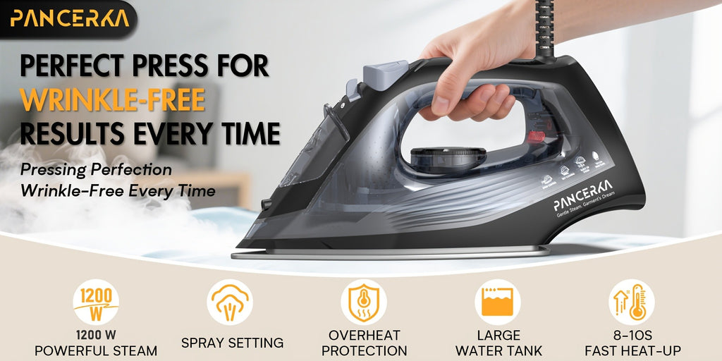 Adjustable Thermostat Steam Iron by PANCERKA, Black Clothes Iron with Listed 1200W Power, Nonstick Soleplate, Variable Steam Control and Overheat Protection Wording