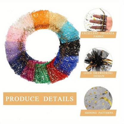 Organza Gift Bags 100-Pack with Moon and Star Design, 2.8 x 3.5 Inch Mixed Color Drawstring Pouches for Wedding Favors, Jewelry and Holiday Parties