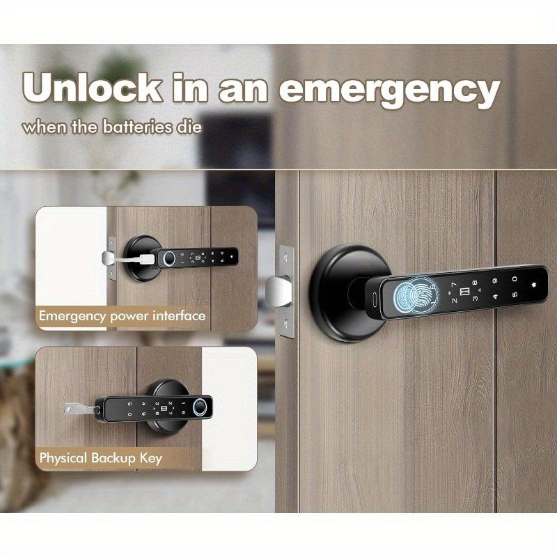 5-in-1 Fingerprint Door Knob Lock with Keypad and Smart Life Access, Two IC Cards and Two Keys, Single-Row or Double-Row Options for Compatible Interior Doors