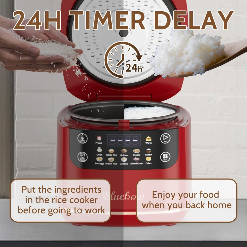 Mini Digital Rice Cooker with Listed 67.63 Oz Capacity, Ten-in-One Presets, Touchscreen and Nonstick Inner Pot with Delay and Keep Warm in Red or White Options