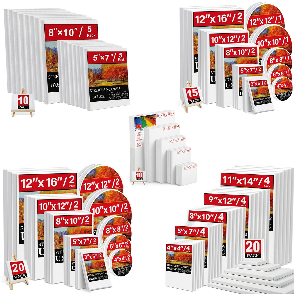 Stretched Canvas Painting Set, White Primed 100% Cotton Art Canvases with Round and Rectangular Pack Options for Acrylic Pouring and Oil Painting