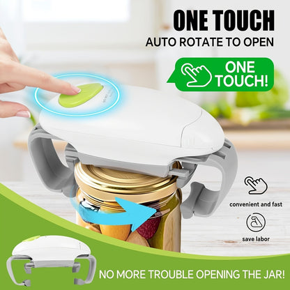 Electric Jar Opener with One-Touch Operation and Auto-Off, Cordless AA Battery-Powered Lid Opening Tool in Black-White for Everyday Kitchen Meal Preparation