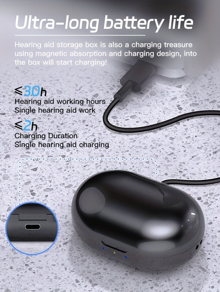 USB Charging Hearing Device with Light Beige Unit and Black Charging Box, Listed 320mAh Case Battery, Noise Reduction and 10-Second Delayed Startup