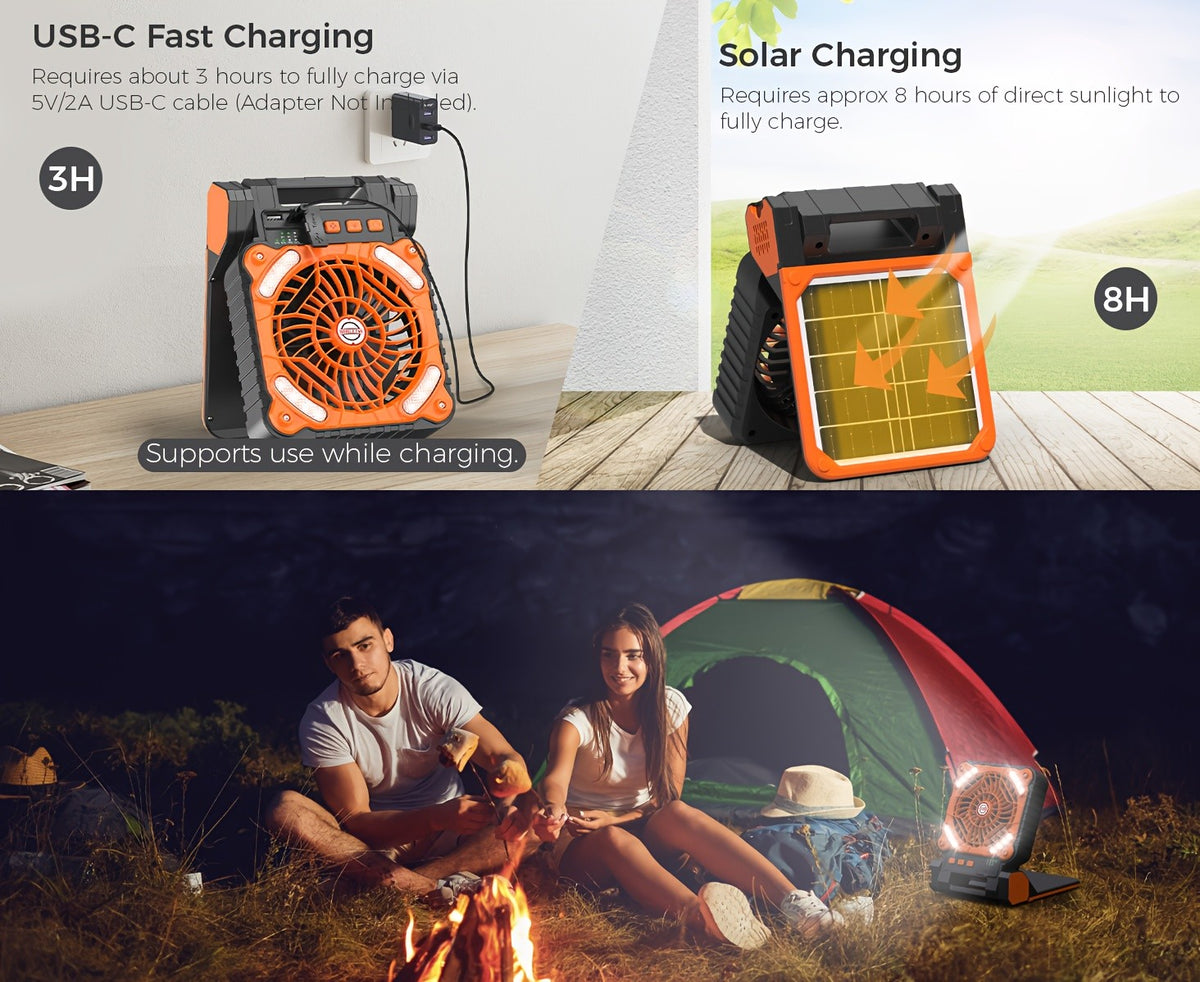 Solar Panel Camping Fan with LED Light, Listed 7800mAh Rechargeable Battery, USB Charging and Timer, Portable 2-in-1 Design in Orange or Green