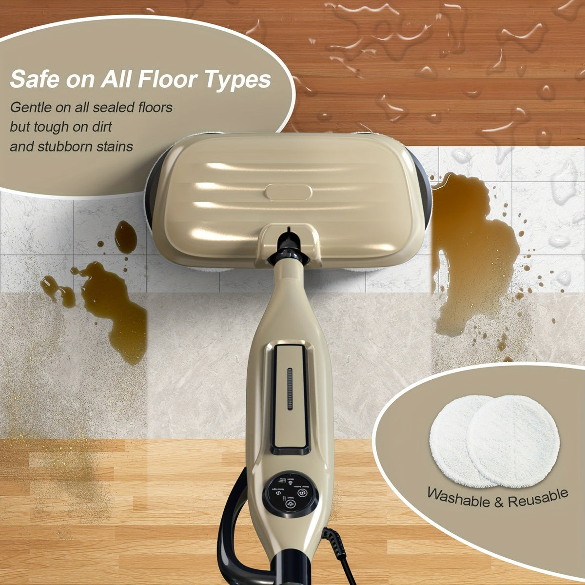 Rotating-Pad Steam Mop VM6 with Three Listed Steam Modes, LED Headlights and Removable Water Tank, Black Gray or Black Golden Floor Cleaning Options