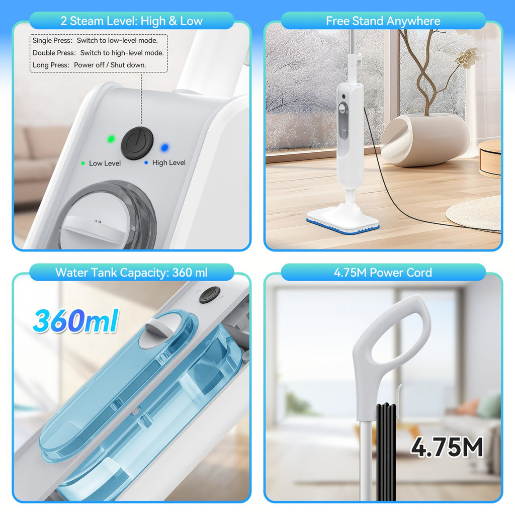 Steam Mop Cleaner INSE F2 White with Listed 10-in-1 Multifunction Design, 15-Second Heating and High-Temperature Steam for Compatible Home Cleaning Tasks
