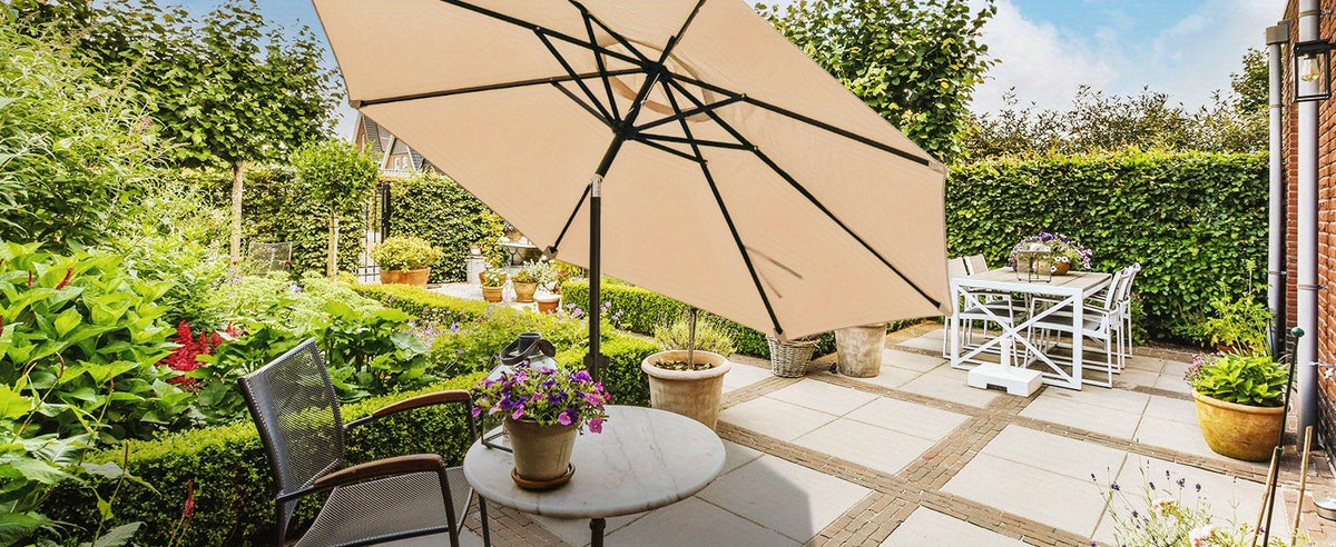 Crank Lift Patio Umbrella, 10ft Market Shade with Push Button Tilt and Eight Ribs in Red or Blue for Garden Seating, Backyard Tables, Decks and Poolside Lounging