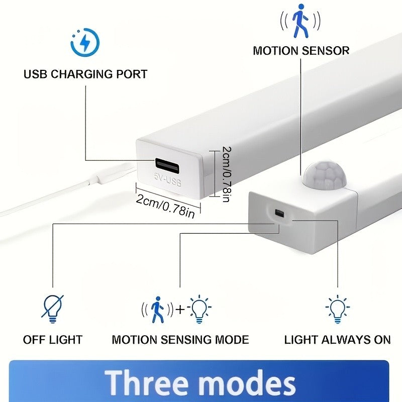 Rechargeable LED Motion Sensor Cabinet Lights, USB Wireless Under Cabinet Lighting, 3 Modes, Magnetic Stick-On Night Light Bar for Kitchen, Closet, Hallway, Stairs, Bedroom, 6/9/12-Pack, 3 Sizes