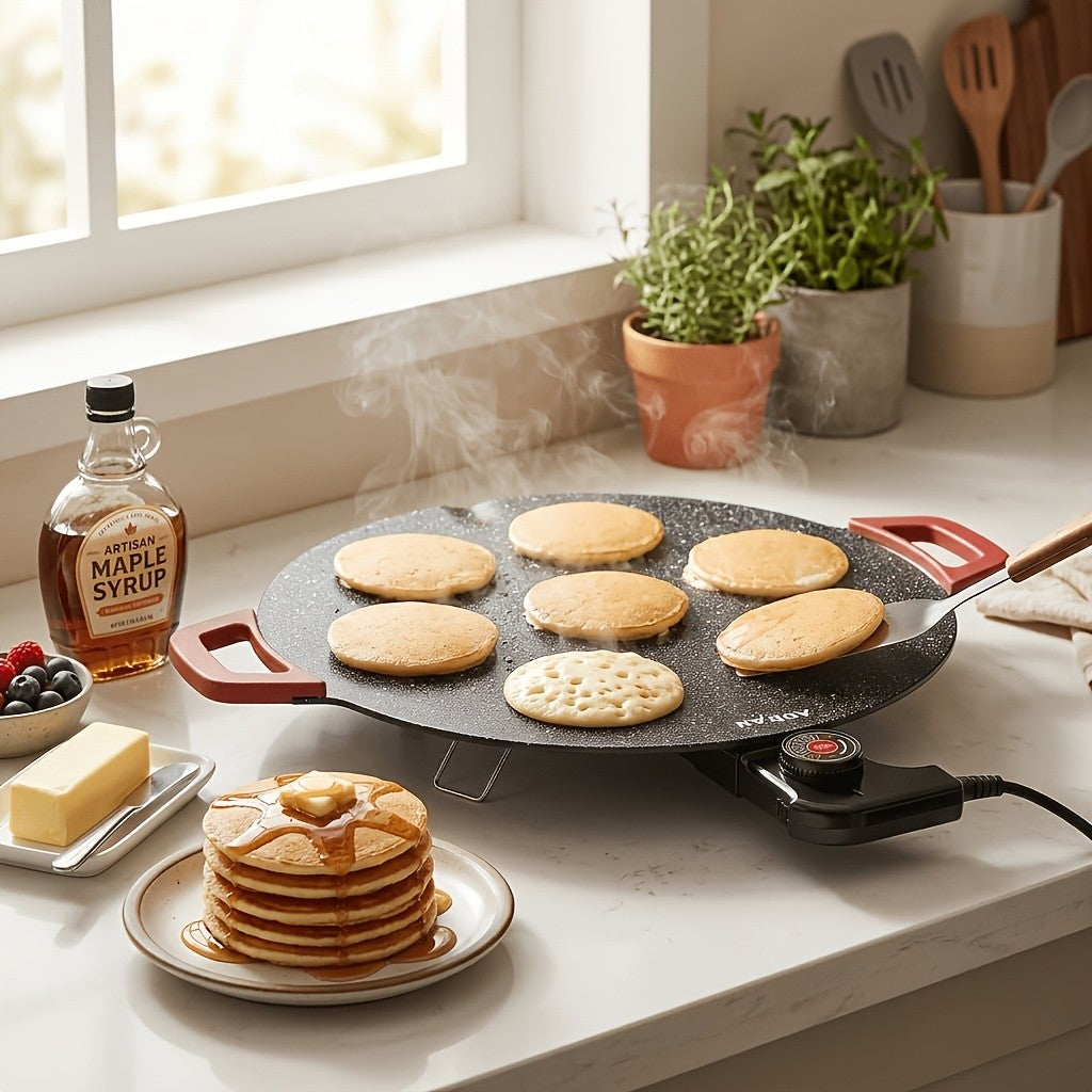 Red-Handle Electric Griddle with Nonstick Cooking Surface and Adjustable Heat Settings for Breakfast, Home BBQ and Family Meals, AR-01 or AR-02 Options