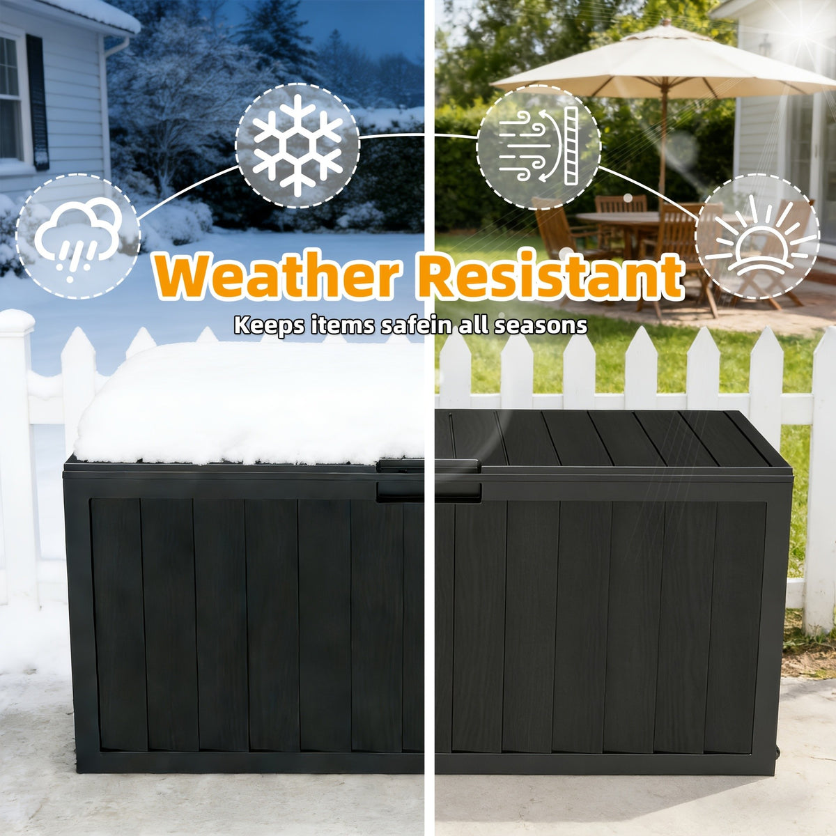 Outdoor Deck Storage Box in Black with Listed 75-Gallon Capacity, Locking Hole and Bottom Casters for Organizing Compatible Patio, Porch and Garden Essentials