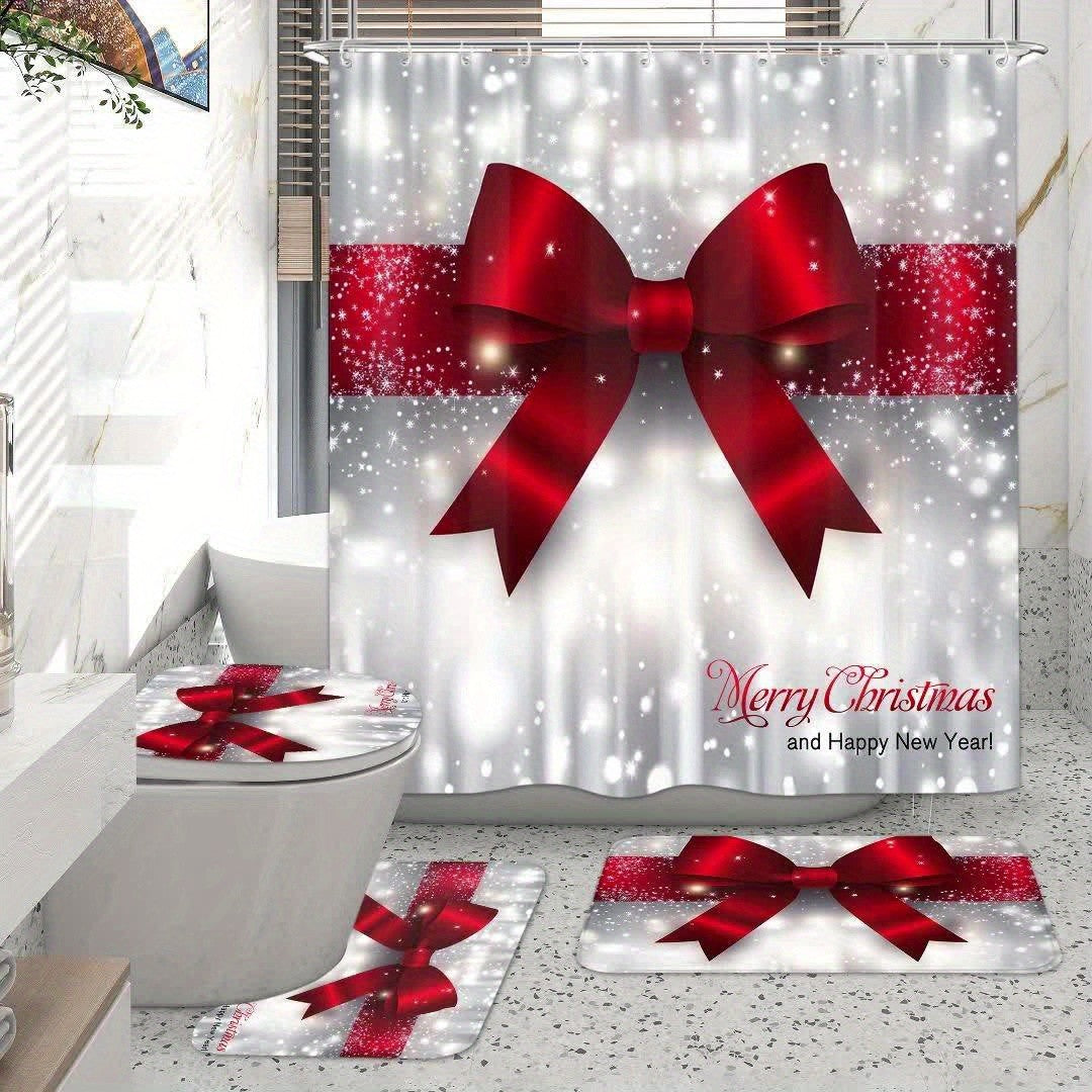 Christmas Shower Curtain Set with 12 Hooks, Four-Piece Merry Christmas Bathroom Decor with Polyester Curtain, Bath Mat, U-Shaped Mat and Toilet Lid Cover