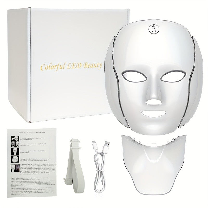 LED Light Therapy Face Mask, 7-Color Photon Facial & Neck Care Device, USB Rechargeable Skin Care Mask for Redness, Acne-Prone & Aging Skin, Home Spa Beauty Treatment, Valentine's Day Christmas Gift