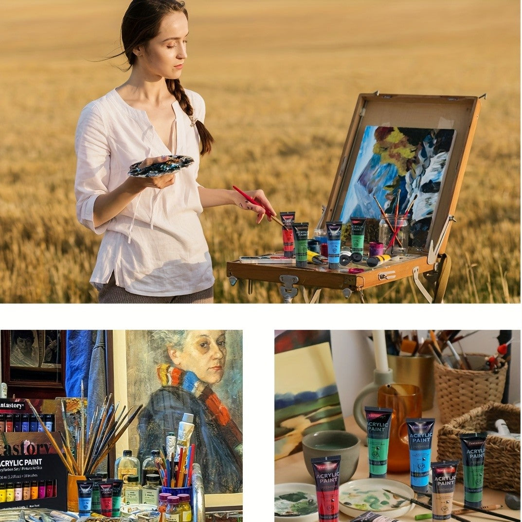 High-Pigment Acrylic Paint Set by Fantastory, 26 Paints in 1.22oz Sizes with 9 Brushes for Canvas, Wood, Stone Painting and Seasonal DIY Craft Projects