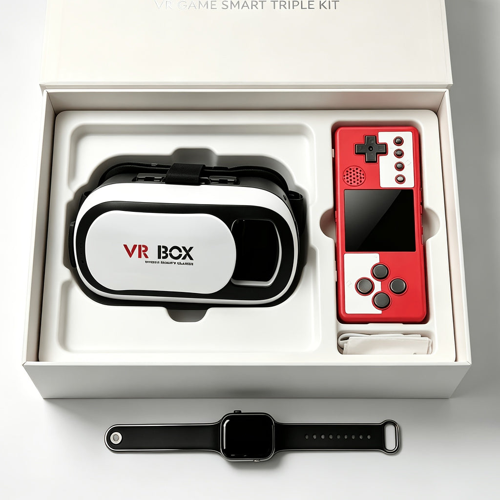 Phone VR Headset Bundle with Retro Handheld Game Console and Watch, Three-Piece Set with Listed 4.5–7-Inch Phone Fit and Multiple Color Combinations