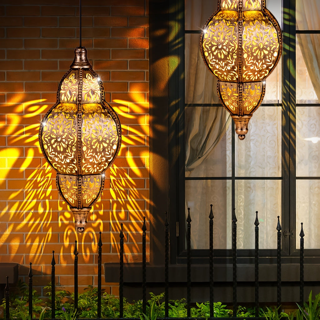 Solar Pendant Lantern in Copper Color with Listed Hollow-Out Iron Design and 27.17-Inch Size Wording for Decorative Patio, Garden, Deck and Porch Displays